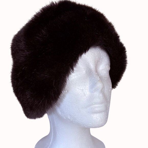 VTG Faux Mink Fur Hat Over Ears Winter Accessory Dark Brown Womens Luxury Fashio - Picture 6 of 12